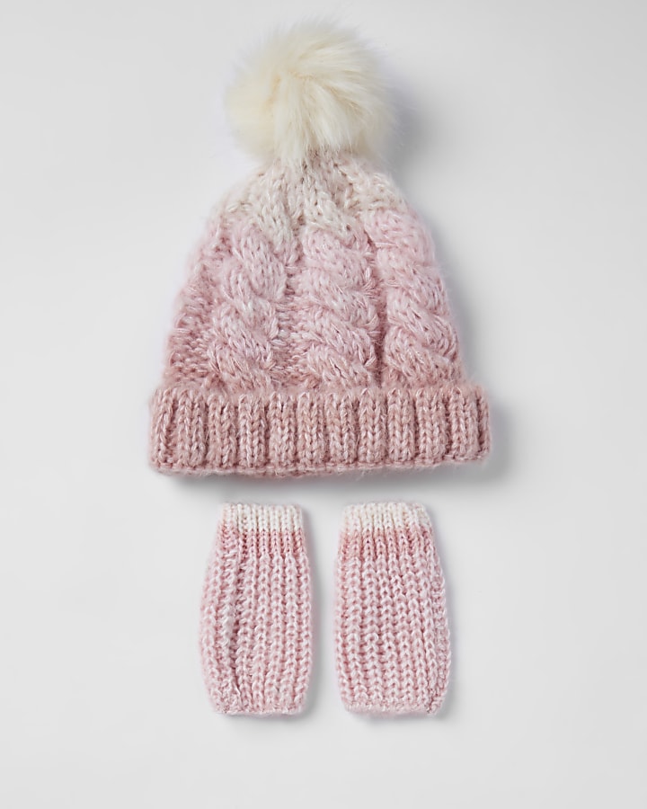 Mini girls pink knit faux fur beanie hat set