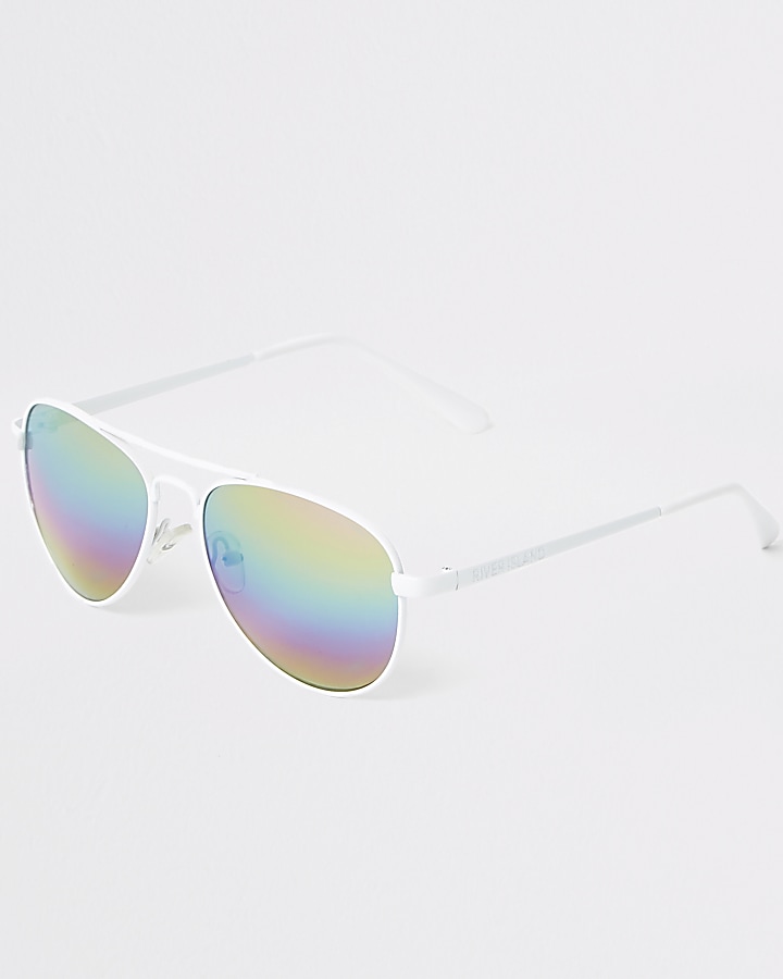 Girls white aviator rainbow lens sunglasses