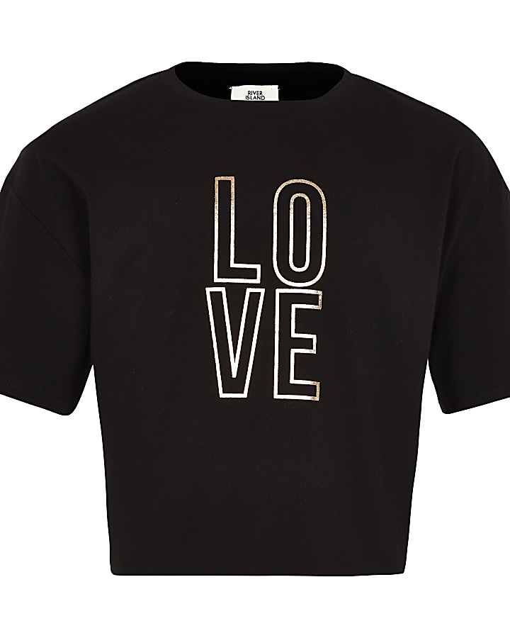 Girls black ‘Love’ crop T-shirt