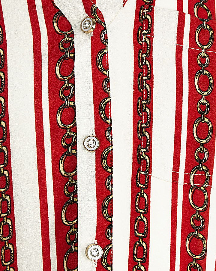 Girls red chain stripe print tie front shirt