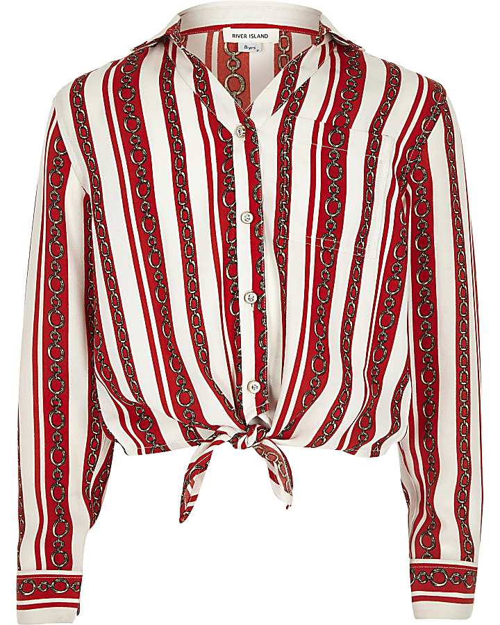 Girls red chain stripe print tie front shirt