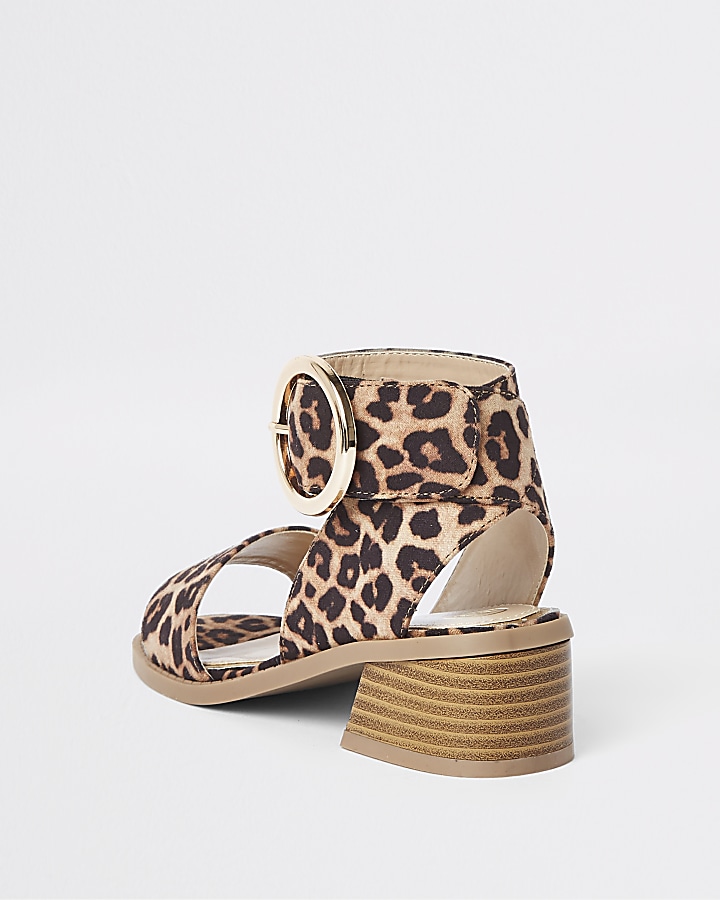 Girls brown leopard print block heel sandals