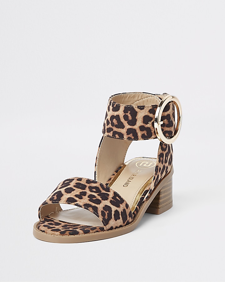 Girls brown leopard print block heel sandals