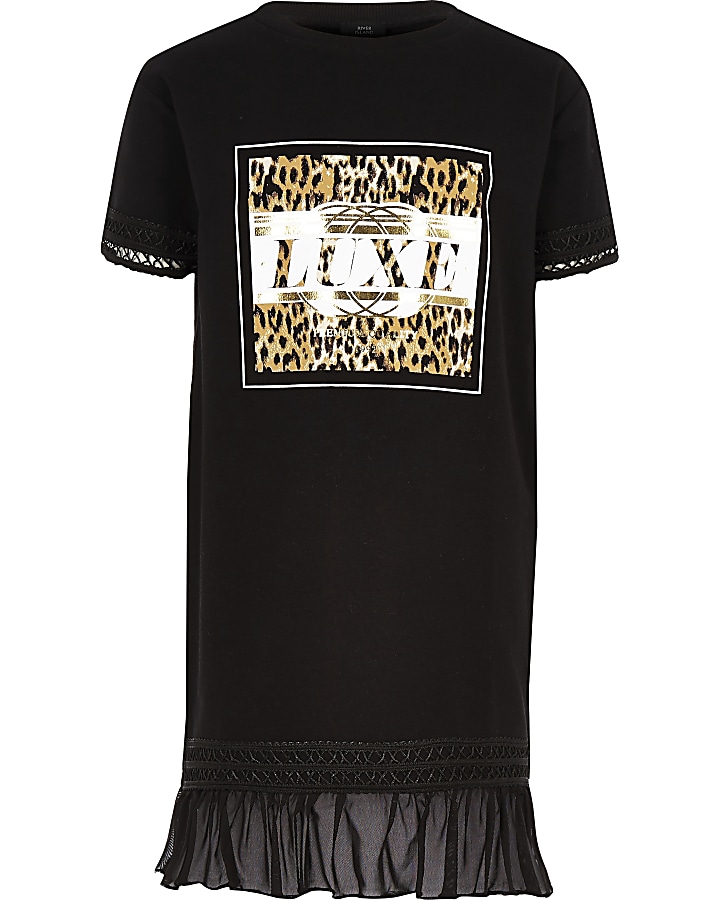 Girls black ‘Luxe’ leopard T-shirt dress