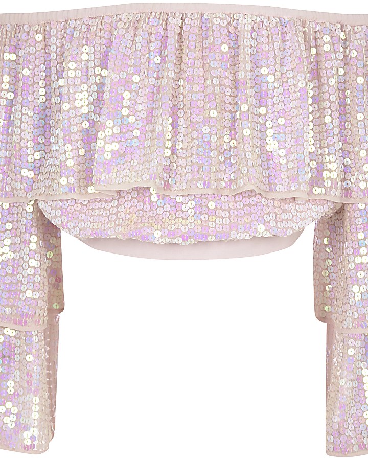 Girls pink sequin embellished bardot top