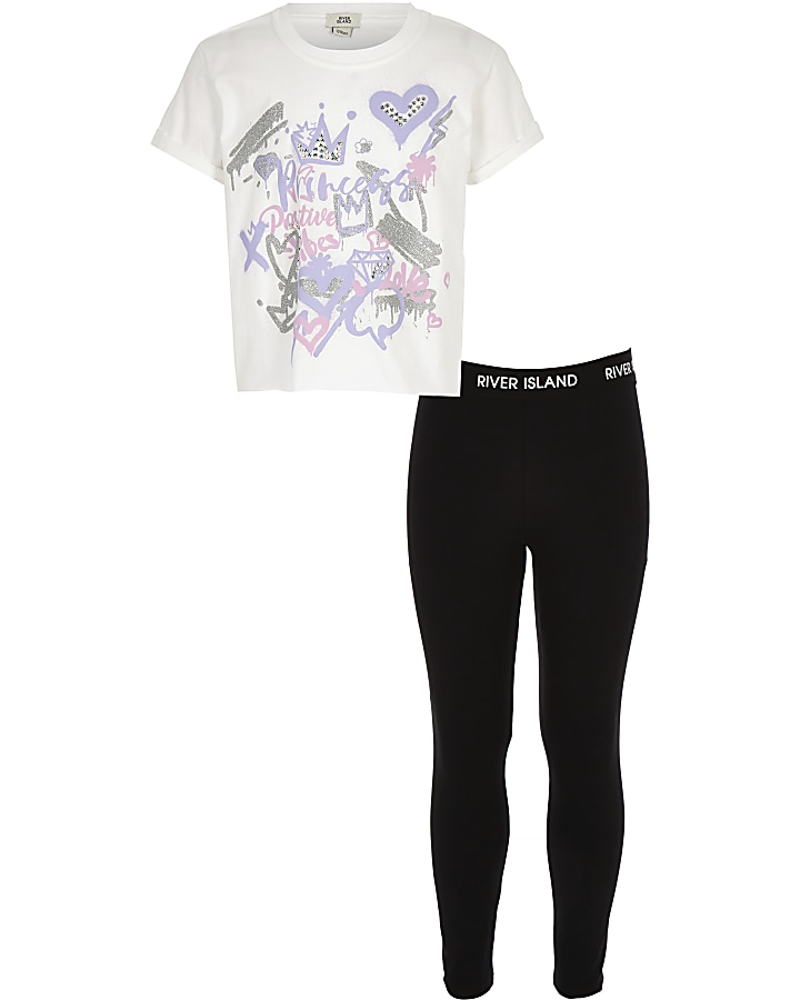 Girls white graffiti T-shirt and leggings set