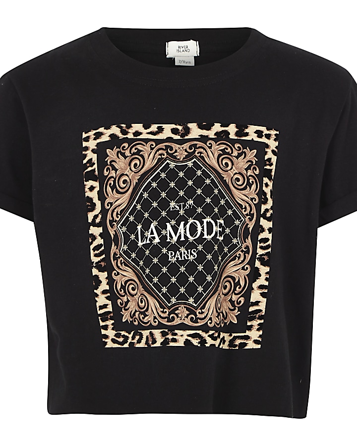 Girls black ‘La mode’ leopard print T-shirt