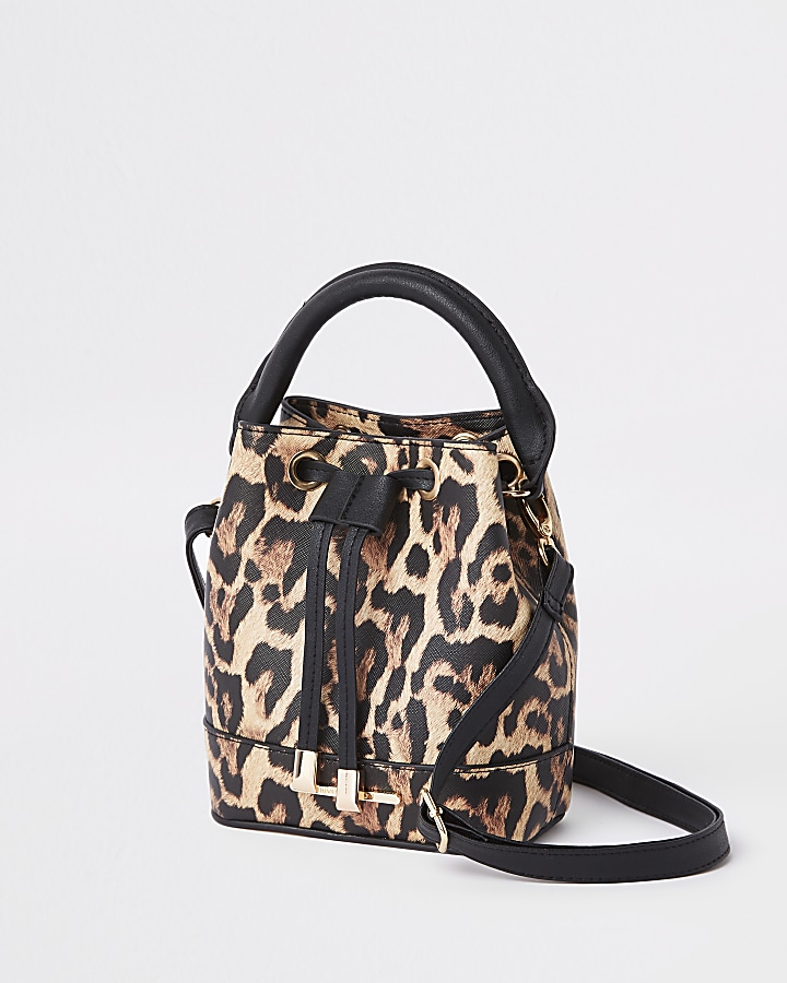 Girls brown leopard print bucket bag