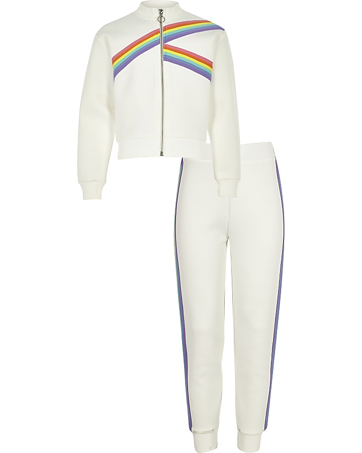 Girls white rainbow tape track outfit