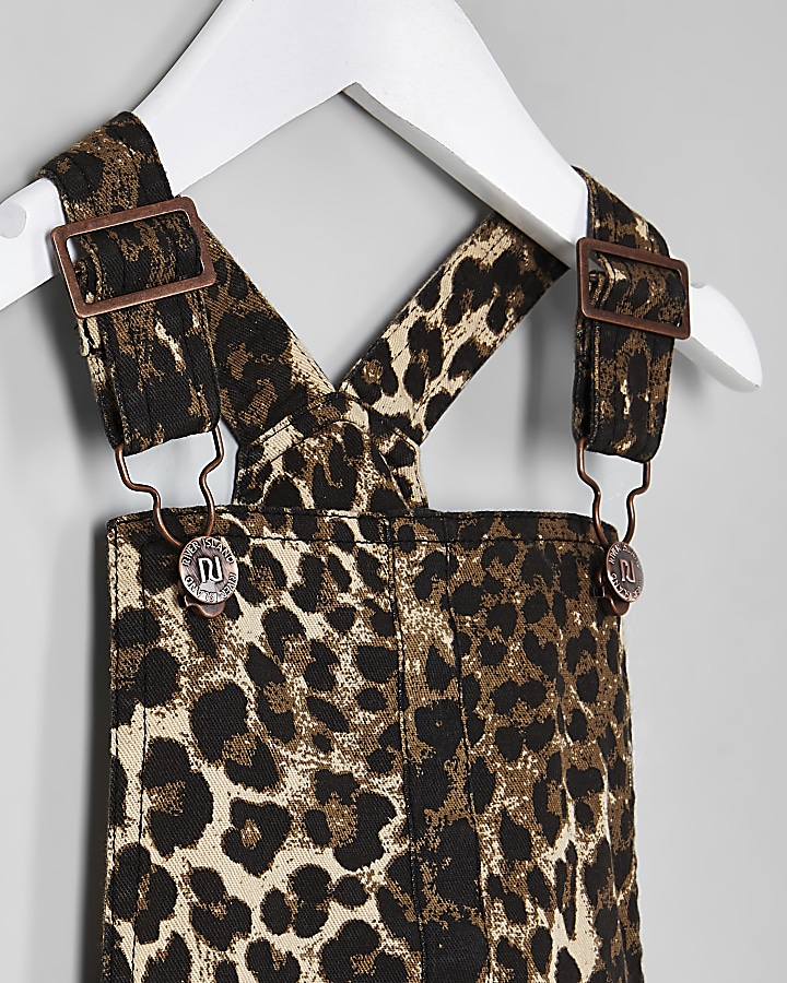 Mini girls brown leopard pinafore dress