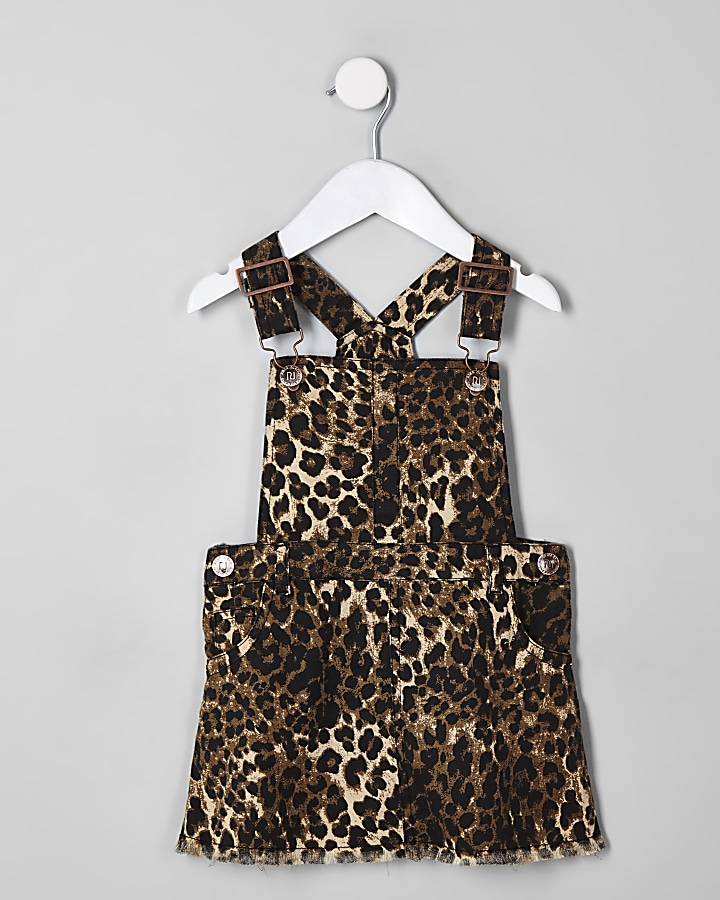 Mini girls brown leopard pinafore dress