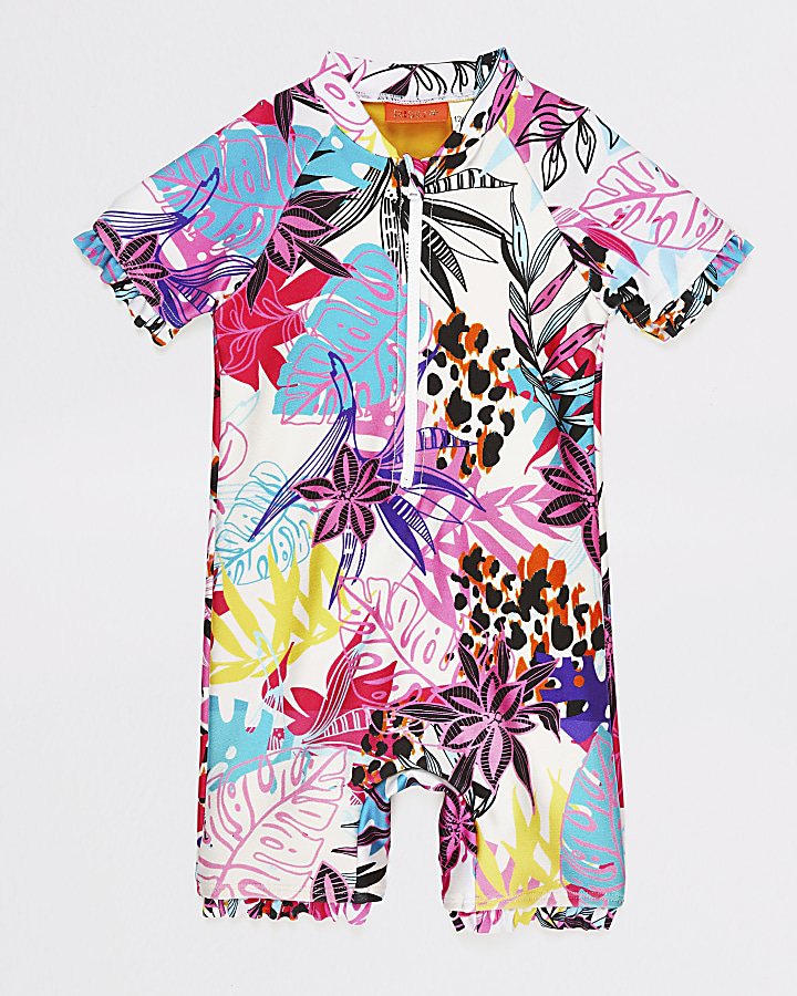 Mini girls tropical print all in one swimsuit