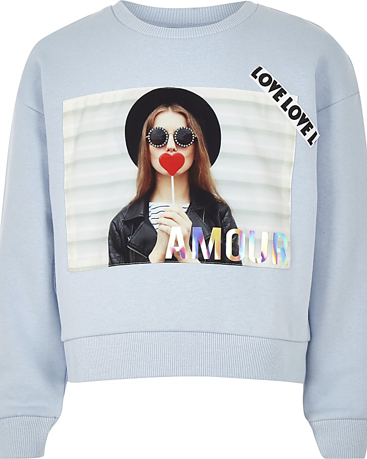 Girls blue 'Amour' slogan sweatshirt