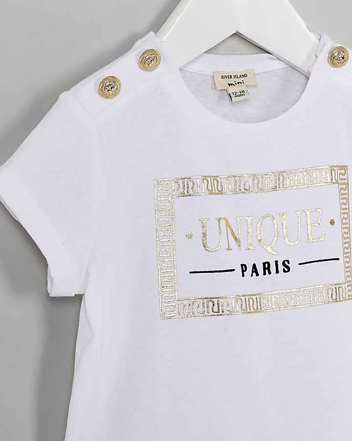 Mini girls white ‘Unique’ button T-shirt