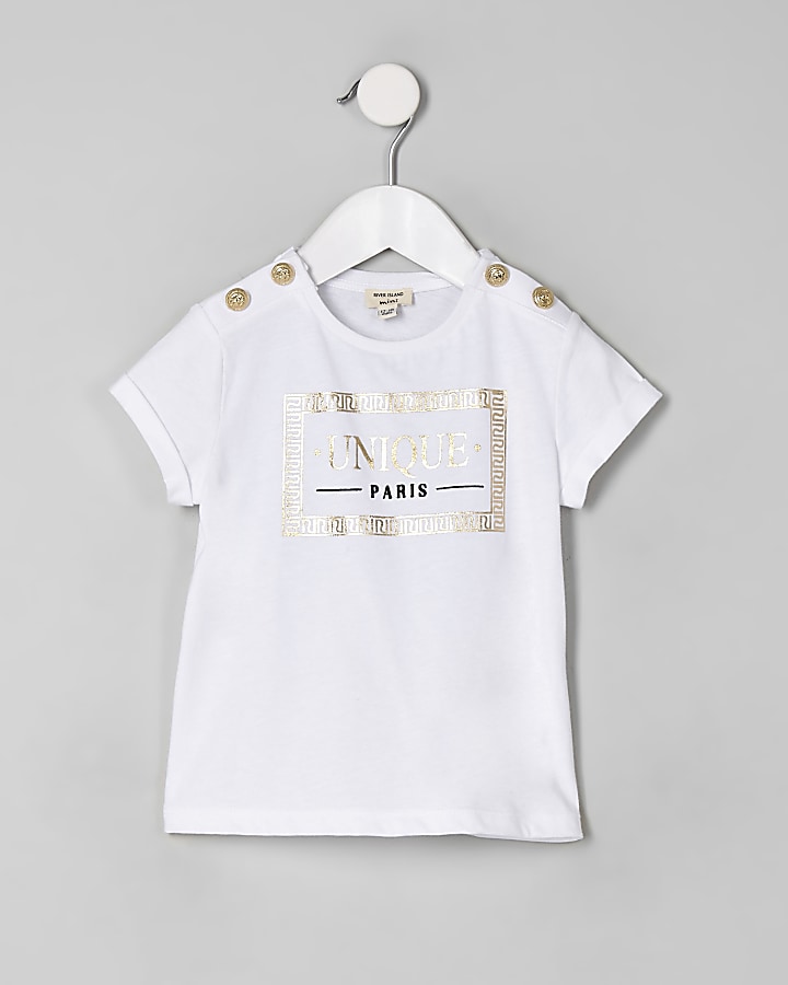 Mini girls white ‘Unique’ button T-shirt