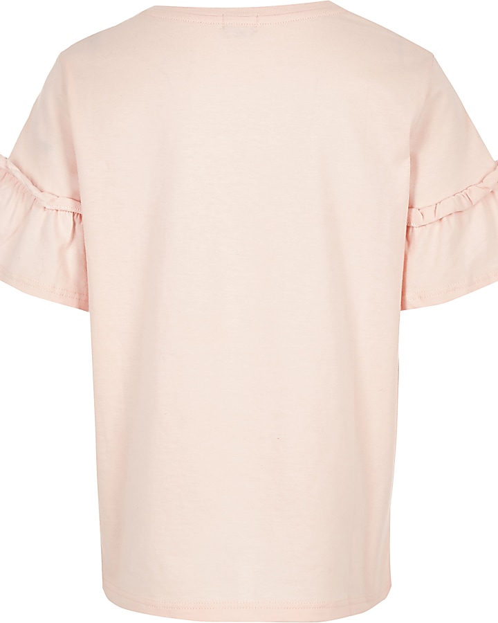 Girls pink ‘amour’ frill sleeve T-shirt
