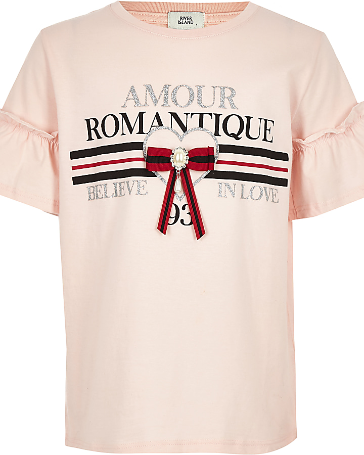 Girls pink ‘amour’ frill sleeve T-shirt