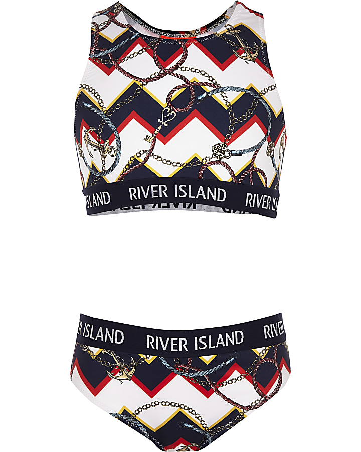 Girls navy mixed print crop bikini set