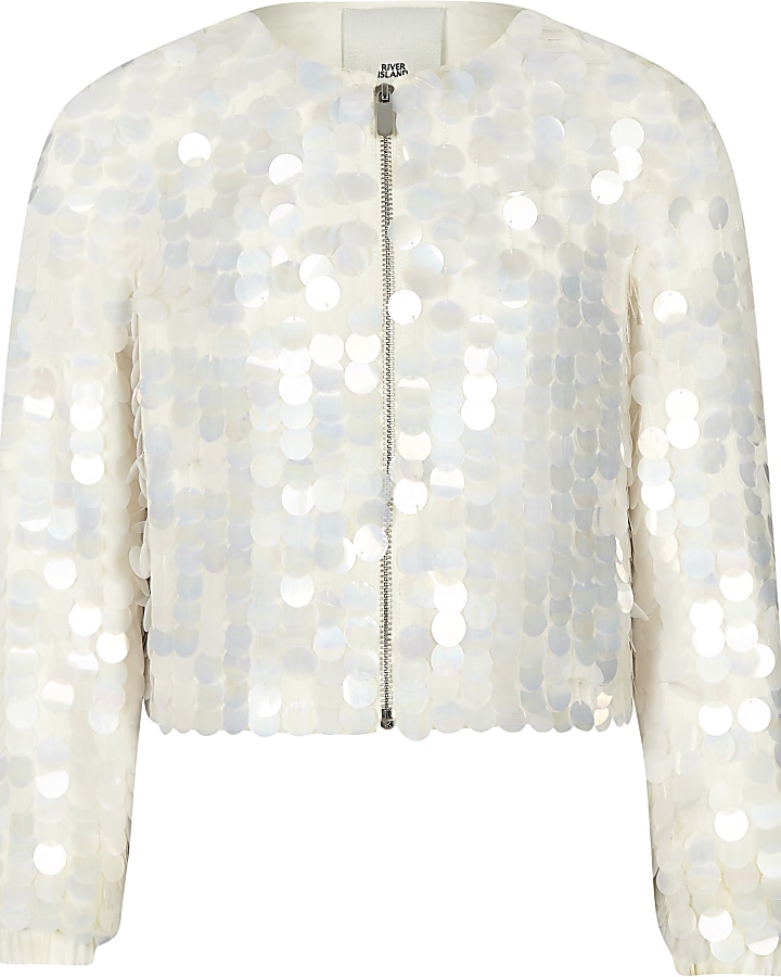 Girls cream sequin embellished jacket