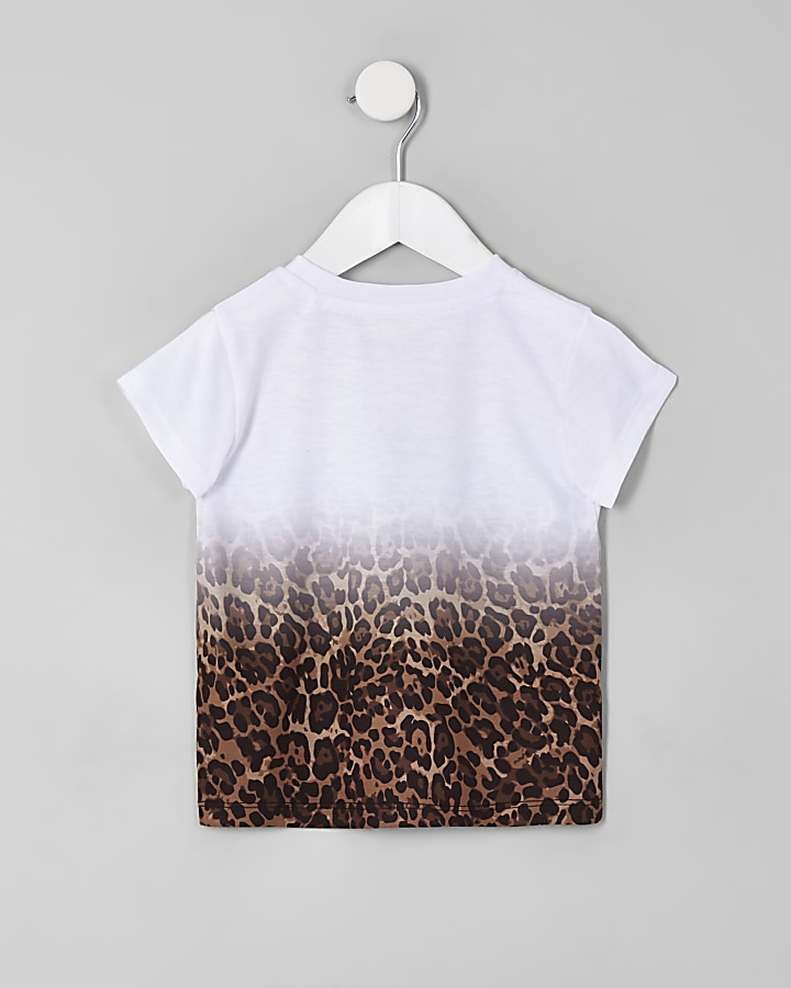 Mini girls white leopard print ombre T-shirt