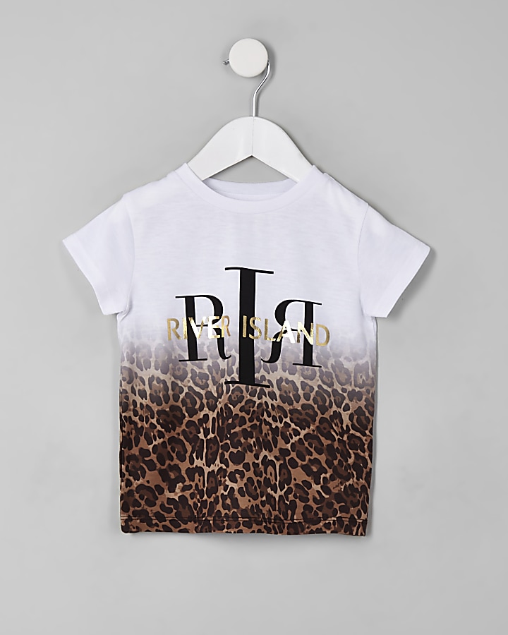Mini girls white leopard print ombre T-shirt