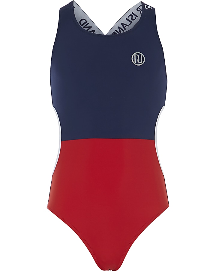 Girls navy colour block cut out swimsuit
