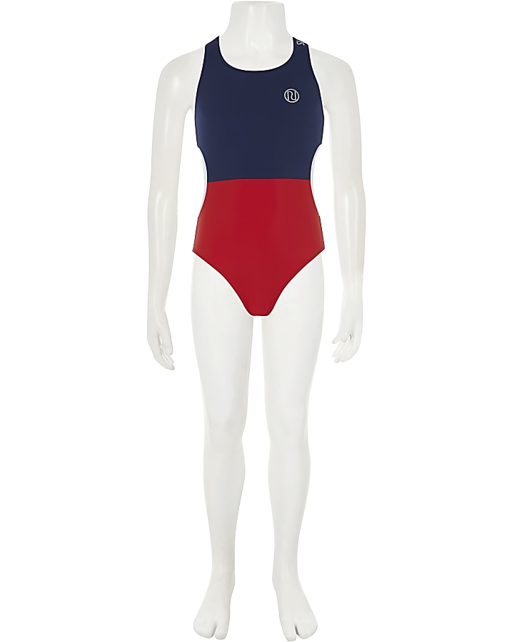 Girls navy colour block cut out swimsuit