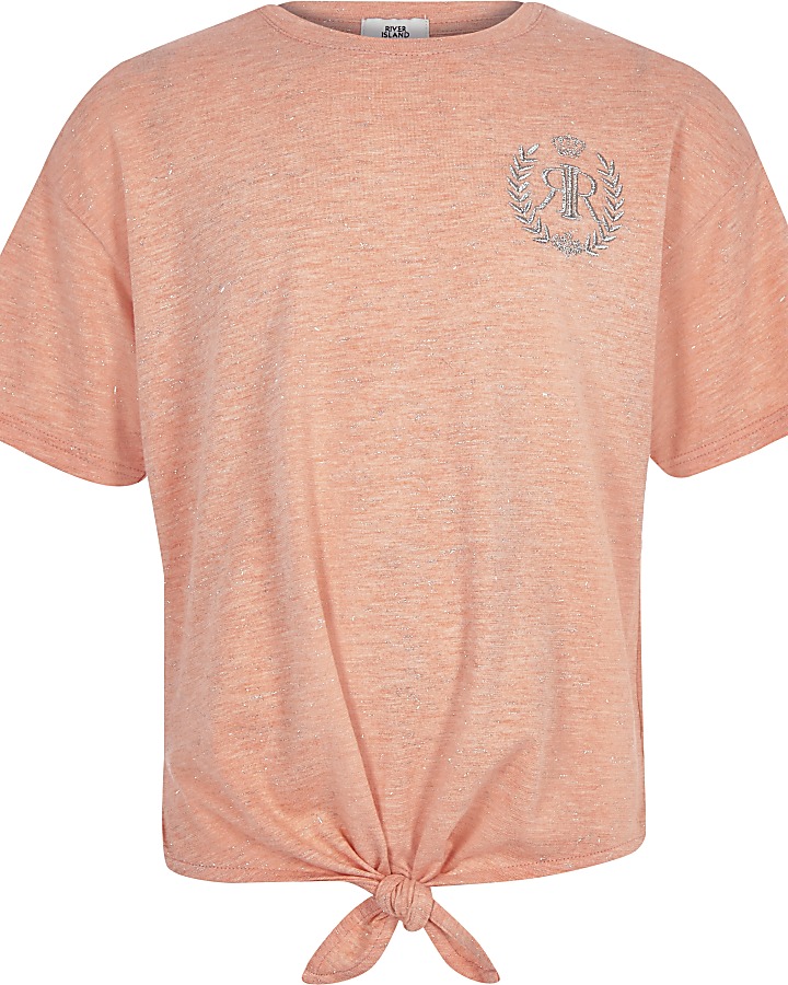 Girls coral RI tie front T-shirt