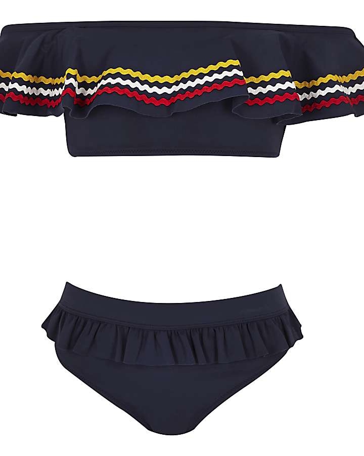 Girls navy stripe bardot bikini set