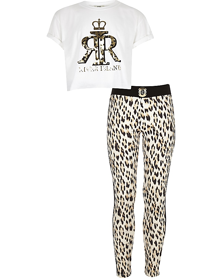 Girls white leopard print T-shirt outfit