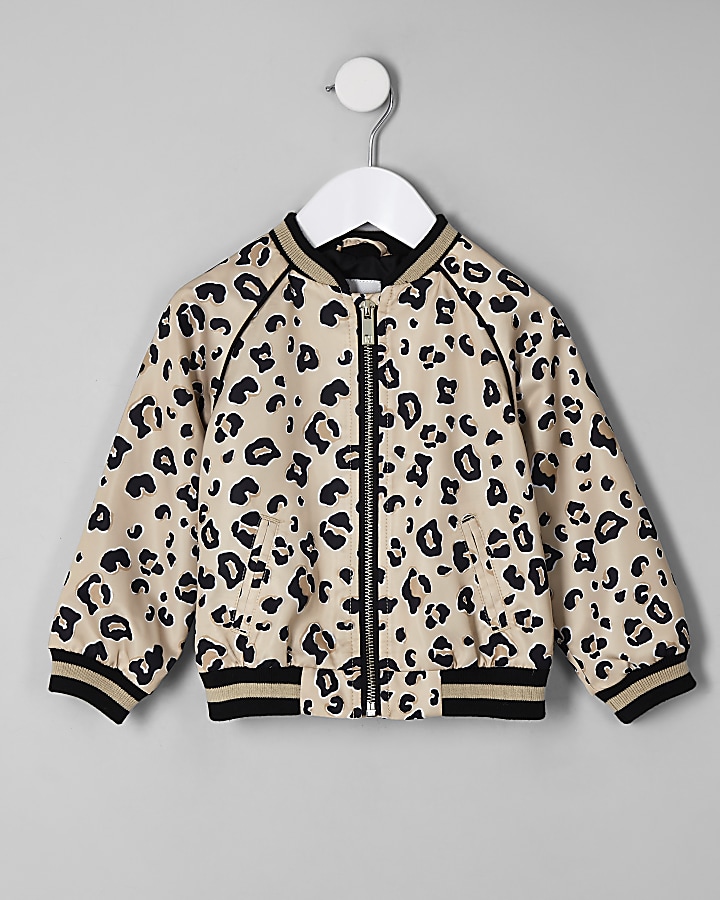 Mini girls beige leopard print bomber jacket