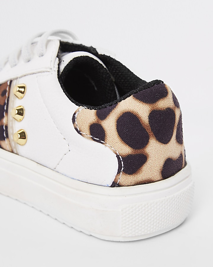 Girls white leopard print studded trainers