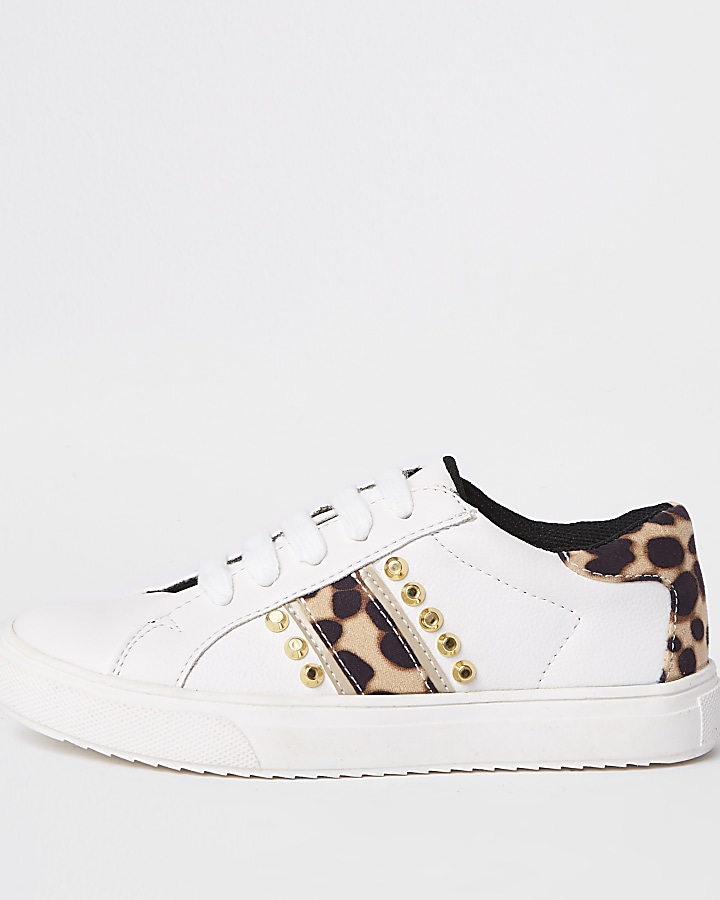 Girls white leopard print studded trainers