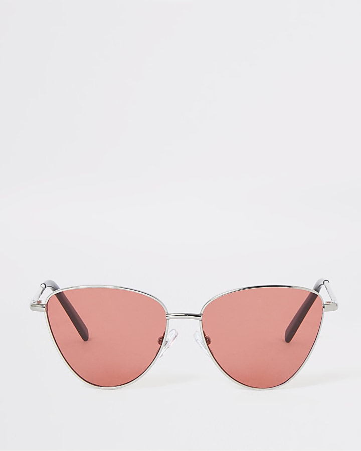 Girls silver tone pink lens cat sunglasses