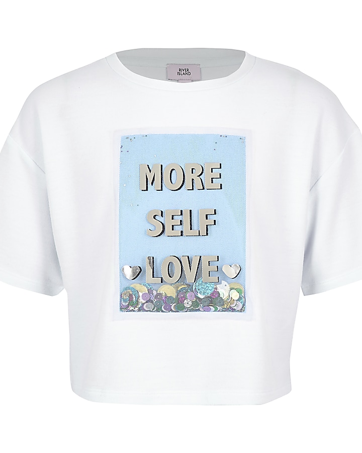 Girls white ‘More self love’ sequin T-shirt