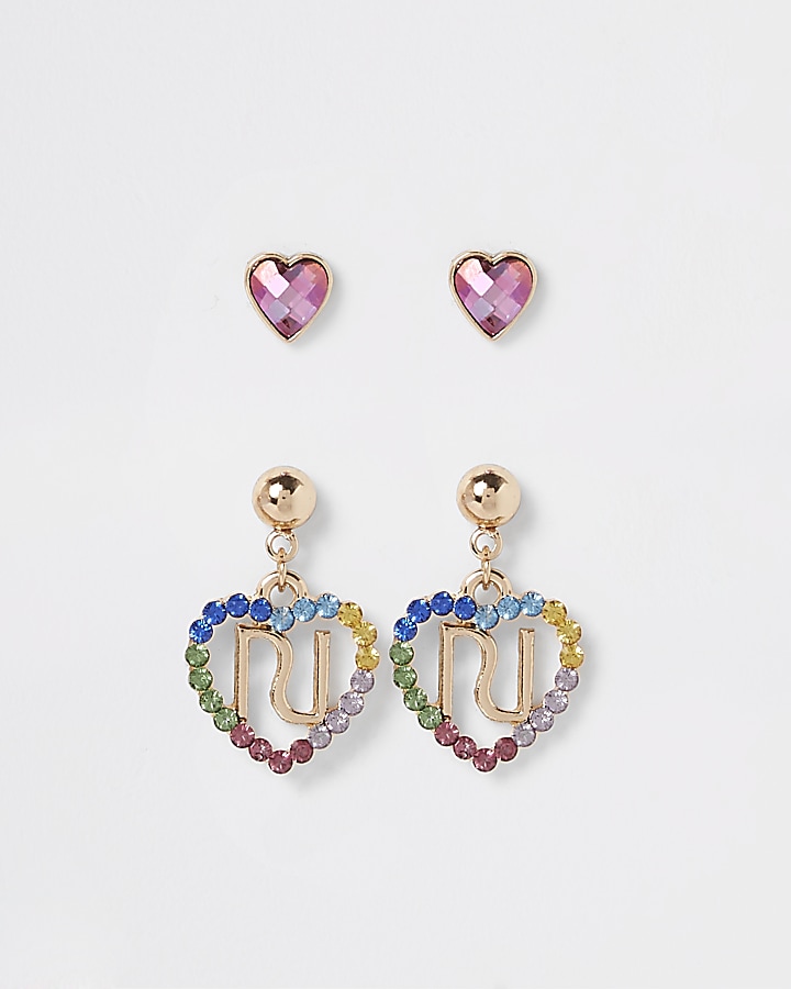 Girls rainbow heart earrings multipack