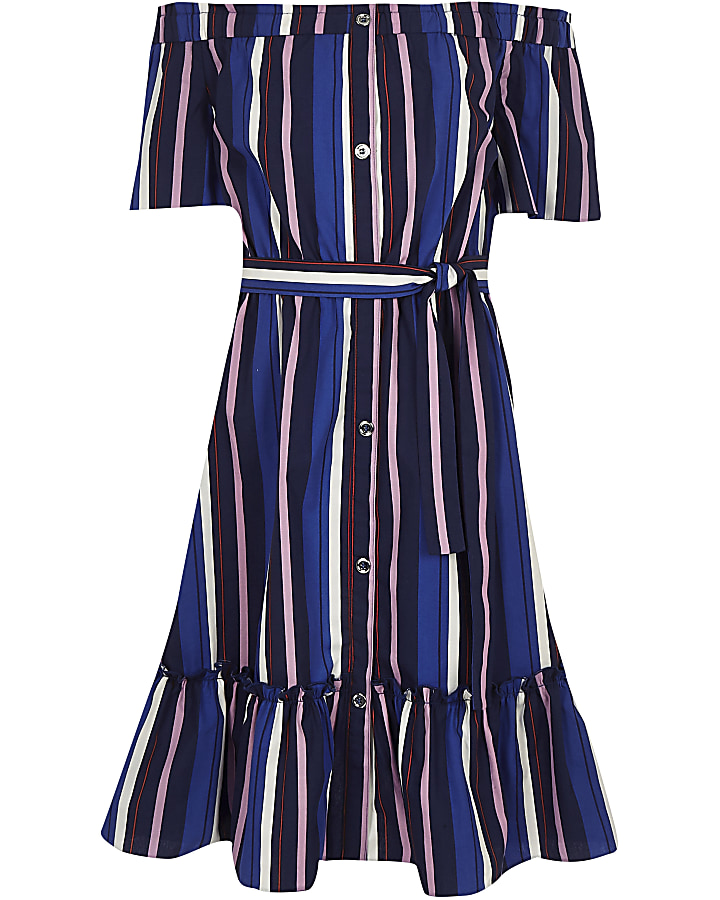 Girls blue stripe bardot midi dress