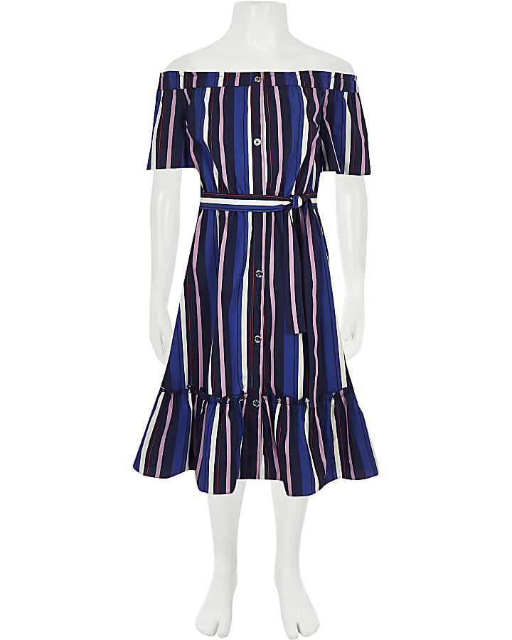 Girls blue stripe bardot midi dress