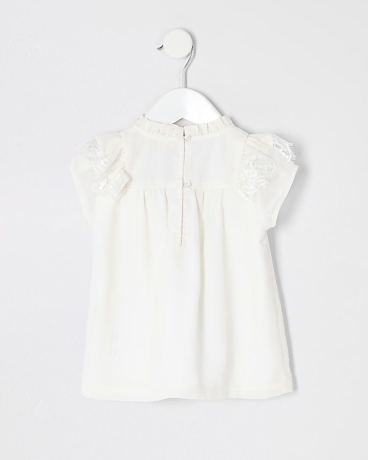 Mini girls white lace bow top