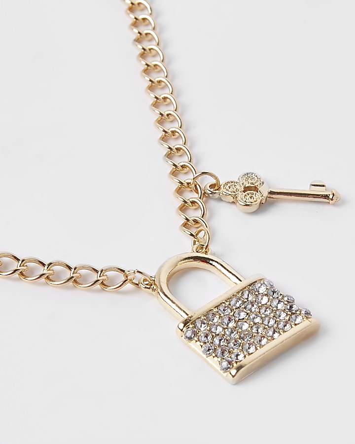 Girls gold tone chunky chain lock necklace