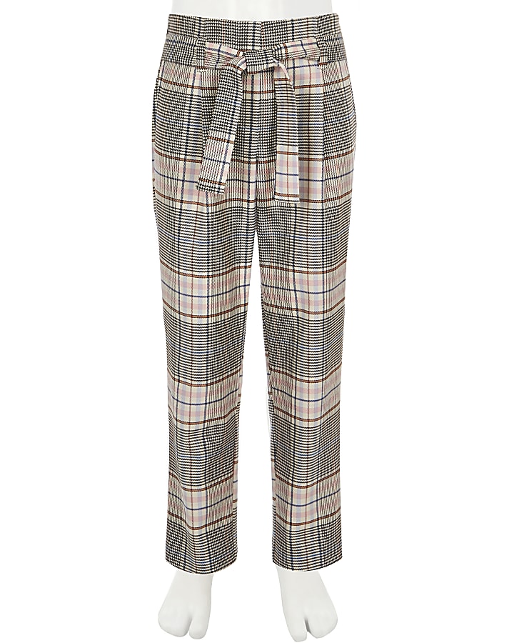 Girls pink check tie waist trousers