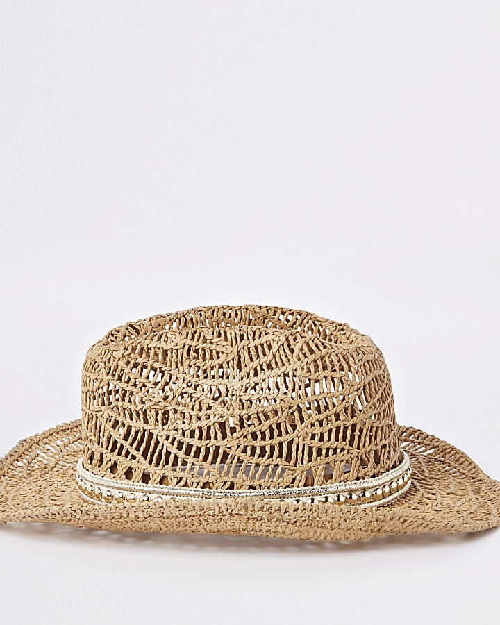Girls brown stud embellished straw hat
