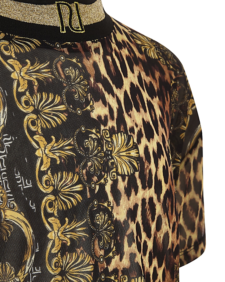 Girls brown baroque leopard mesh T-shirt