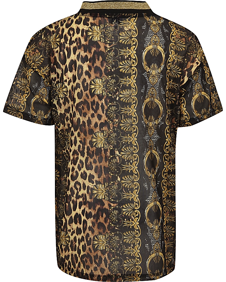 Girls brown baroque leopard mesh T-shirt