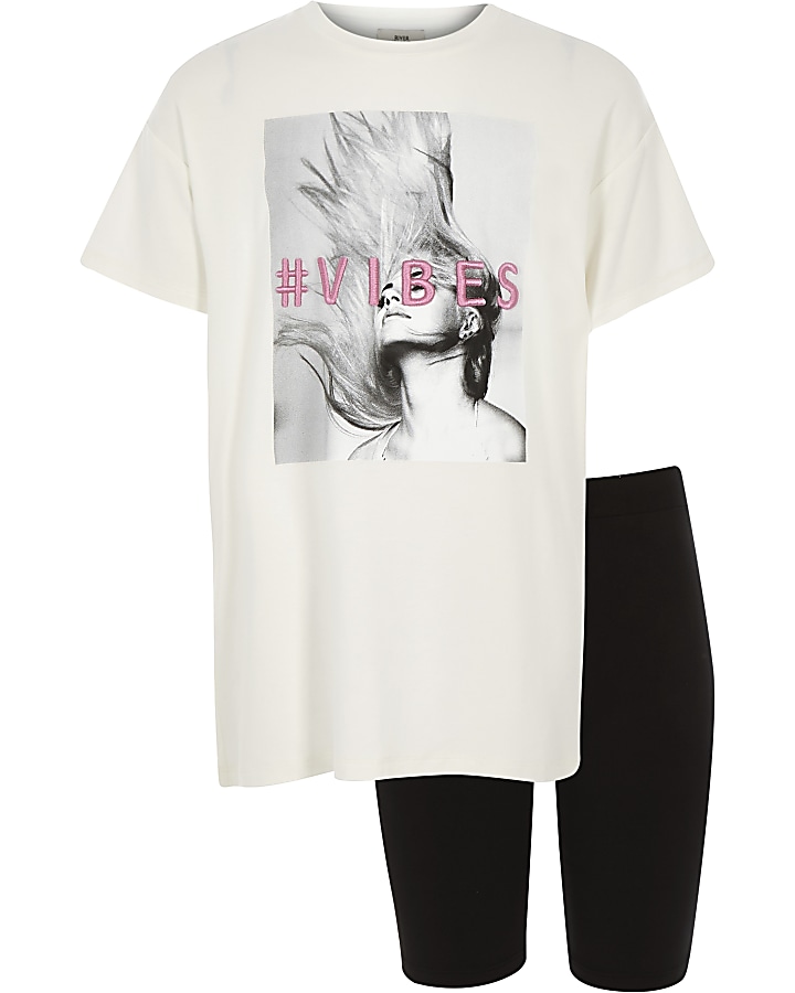 Girls white '#vibes' T-shirt and outfit