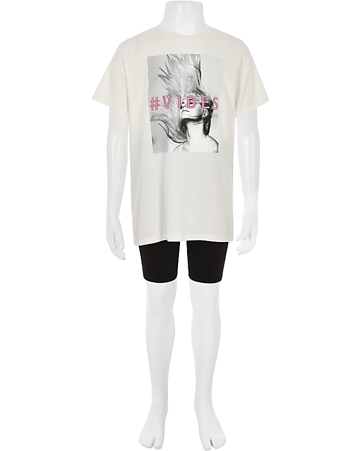 Girls white '#vibes' T-shirt and outfit