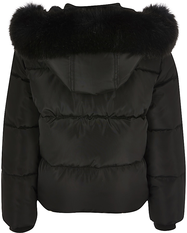 Girls black faux fur hooded padded coat
