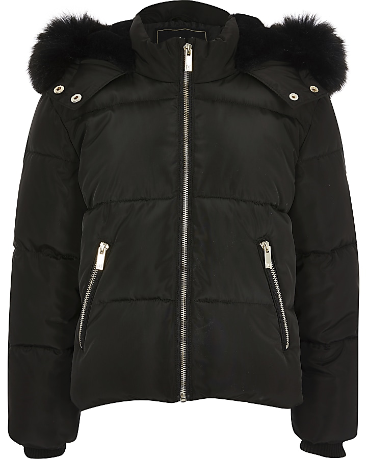 Girls black faux fur hooded padded coat