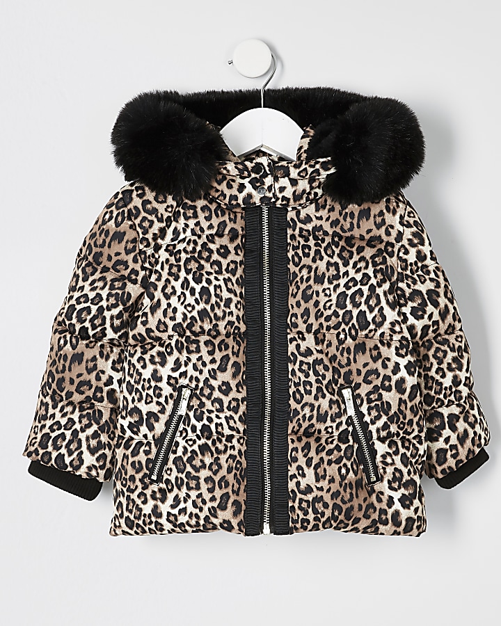 Mini girls brown leopard print padded coat