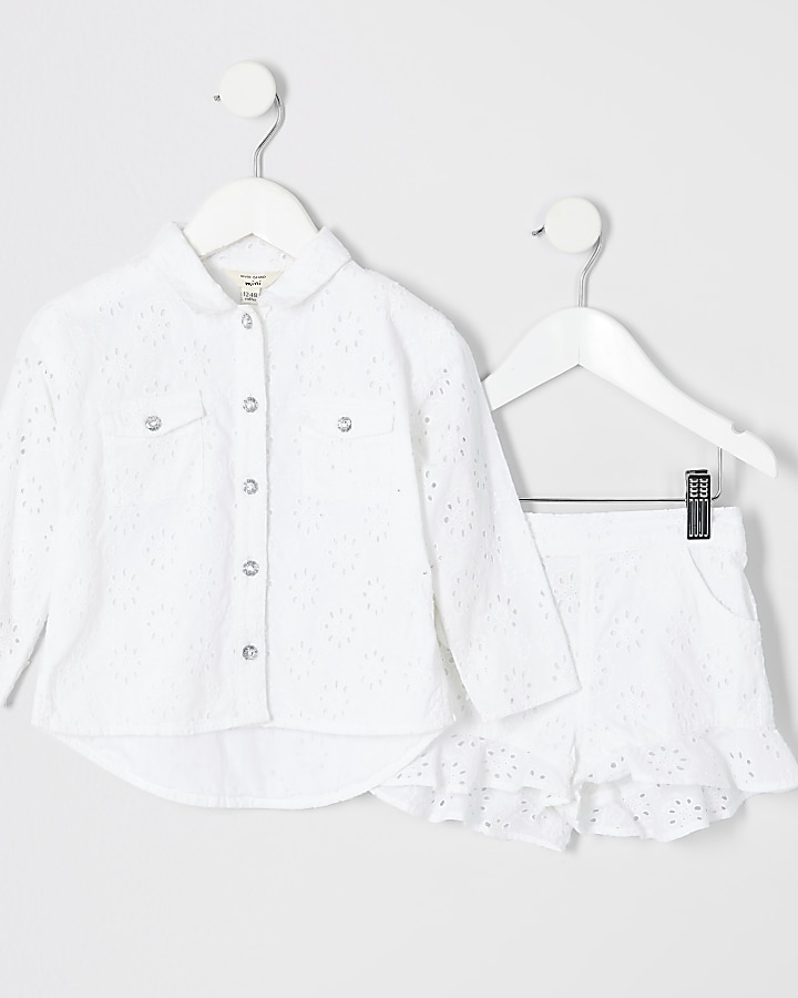 Mini girls white broderie shacket outfit